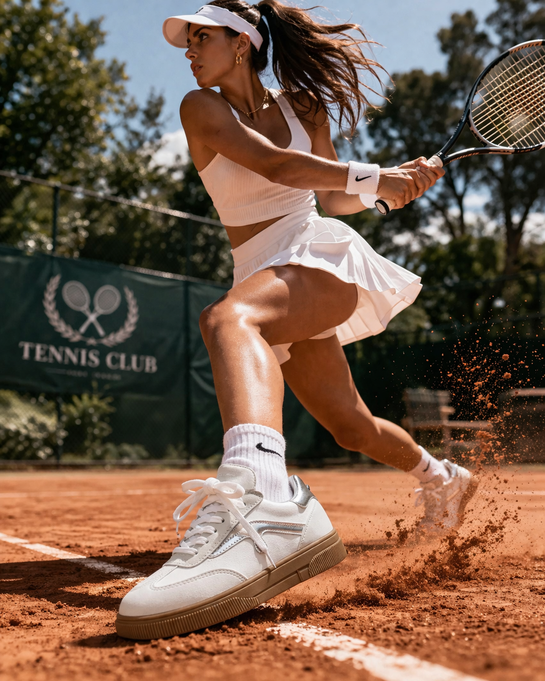 Joueuse de tennis en action – baskets adaptées au court