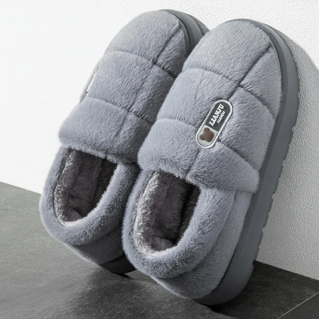 Chaussons chauds pour homme gris, intérieur fourré gris épais