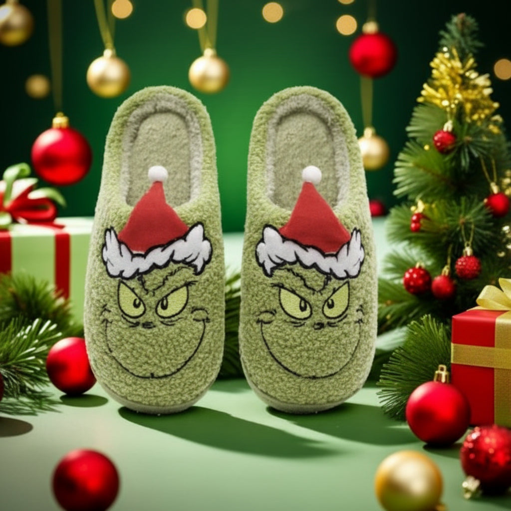 Chaussons peluche Grinch vert avec son visage espiègle