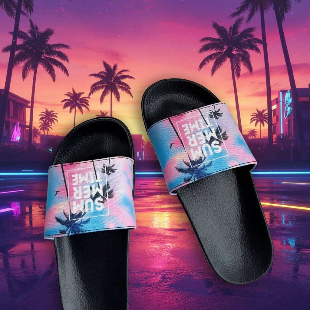 Claquette style GTA 6 avec motif palmier et couleurs violet-rose-bleu – inspiration gaming