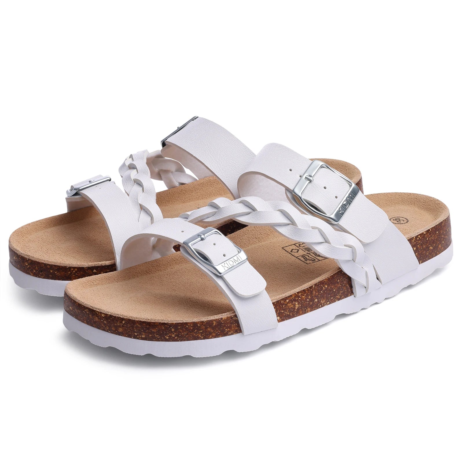 Sandales blanches femme en EVA avec semelle liège et deux boucles métalliques