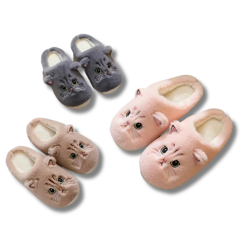 chausson femme chat couleur gris, marrons et rose 
