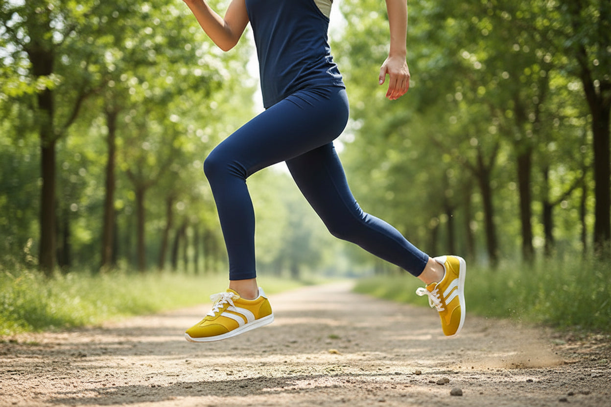 Femme courant en extérieur avec baskets de sport jaune– tenue fitness