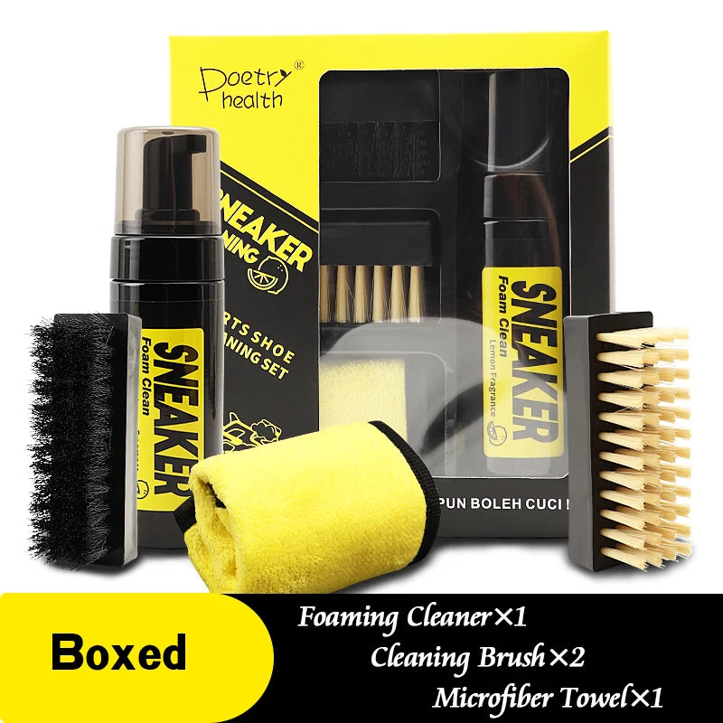 Kit de nettoyage chaussures format premium : produit, microfibre, brosse dure et brosse souple